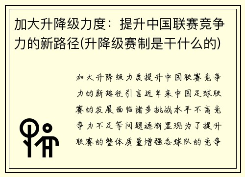 加大升降级力度：提升中国联赛竞争力的新路径(升降级赛制是干什么的)