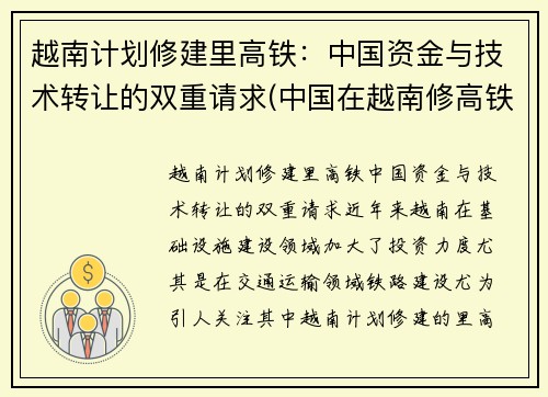 越南计划修建里高铁：中国资金与技术转让的双重请求(中国在越南修高铁)