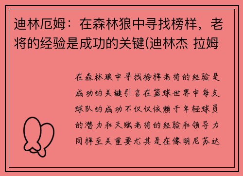 迪林厄姆：在森林狼中寻找榜样，老将的经验是成功的关键(迪林杰 拉姆)