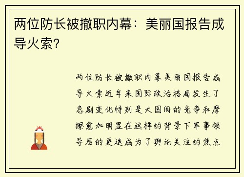 两位防长被撤职内幕：美丽国报告成导火索？